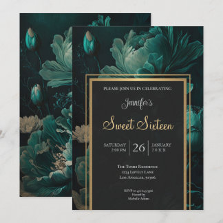 Dunkle Teal Blumen Sweet 16 Einladung