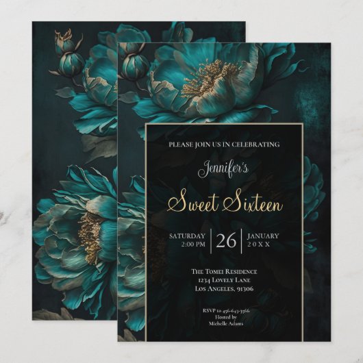Dunkle Teal Blumen Sweet 16 Einladung (Vorne/Hinten)