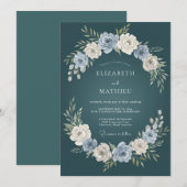 Dunkle Teal Botanische Florale Hochzeit Einladung (Vorne/Hinten)