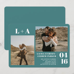 Dunkle Teal-Minimalist-Initialen 2 Fotos Hochzeit Einladung