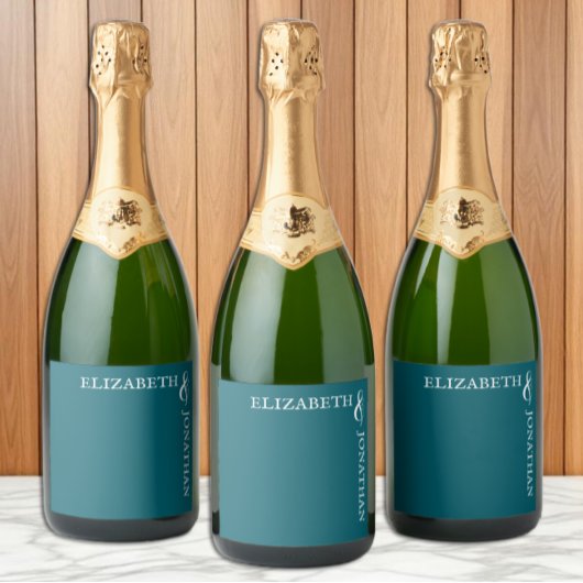 Dunkle Teal moderne Typografie Hochzeit Schaumweinetikett