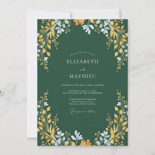Dunkle Teal-Ocker-Blatt-Hochzeit Einladung (Vorderseite)