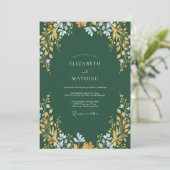 Dunkle Teal-Ocker-Blatt-Hochzeit Einladung (Stehend Vorderseite)
