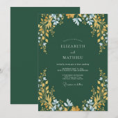 Dunkle Teal-Ocker-Blatt-Hochzeit Einladung (Vorne/Hinten)