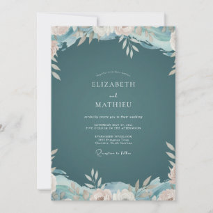 Dunkle Teal Romantische Florale Hochzeit Einladung