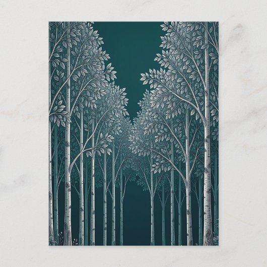 Dunkle Teal Weiße Birkenwald Bäume Postkarte (Vorderseite)