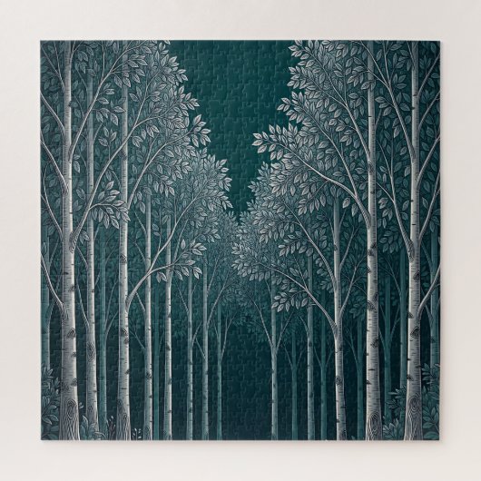 Dunkle Teal Weiße Birkenwald Bäume  Puzzle (Vertikal)