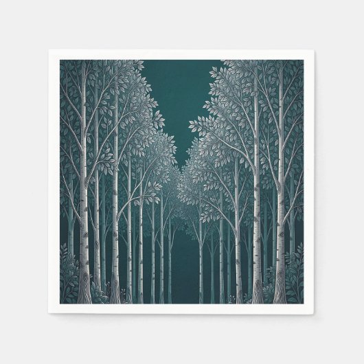 Dunkle Teal Weiße Birkenwald Bäume Serviette (Vorderseite)