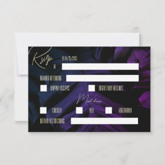 Dunkle tropische Hochzeitseinladung, Lila Monstera RSVP Karte