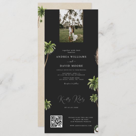 Dunkle tropische Palme Tree Foto QR Code UAWG Wedd Einladung (Vorne/Hinten)