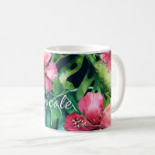 Dunkle tropische Palmen Blätter Hibiskus Floral Is Kaffeetasse (VorderseiteRechts)