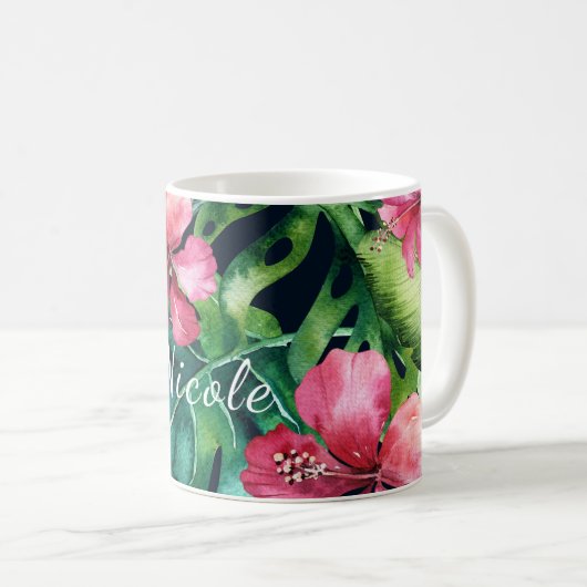 Dunkle tropische Palmen Blätter Hibiskus Floral Is Kaffeetasse (VorderseiteRechts)