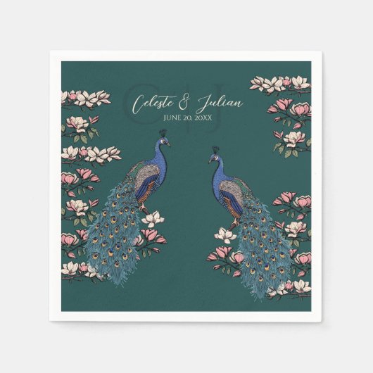 Dunkle Türkis Blumen Pfau Hochzeit Serviette (Vorderseite)
