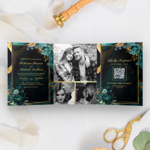 Dunkle Türkis-Gold-Blumenmarmor-QR-Code-Hochzeit Dreifach Gefaltete Einladung