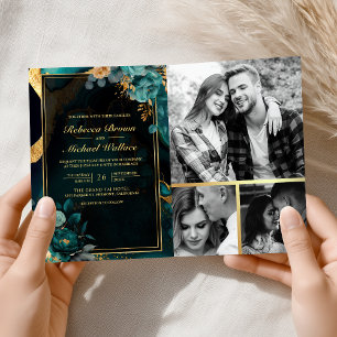Dunkle Türkis-Gold-Blumenmarmor-QR-Code-Hochzeit Einladung