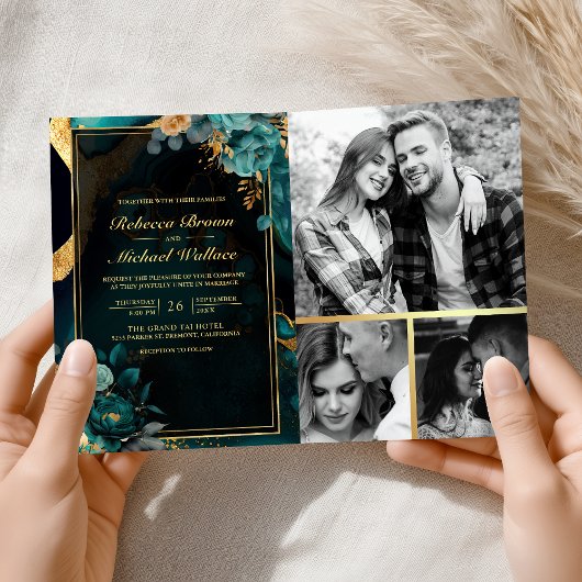 Dunkle Türkis-Gold-Blumenmarmor-QR-Code-Hochzeit Einladung
