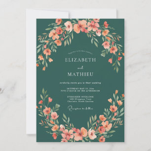 Dunkle Türkis-Korallen-Wildblumen-Hochzeit Einladung