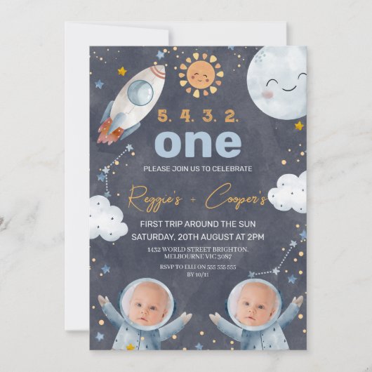 Dunkle Twins Erste Reise um die Sonne 1. Geburtsta Einladung (Vorderseite)
