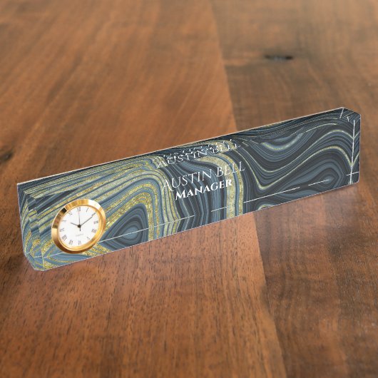 Dunkle und helle blaue und goldene Marmor Personal Namensplakette (Seite)