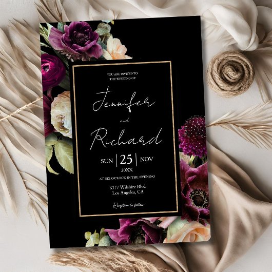 Dunkle und launische Lila Bloom Bloom Black Weddin Einladung