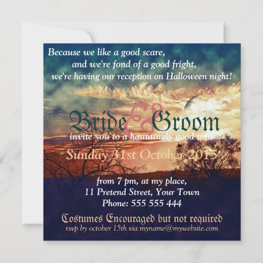 Dunkle und stürmisch-gotische Halloween-Hochzeit Einladung (Rückseite)