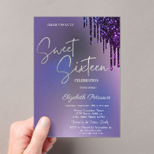 Dunkle Veilchen Glitter Tropfen Veilchen Sweet 16  Acryleinladungen