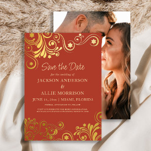 Dunkle verbrannte orange-goldene Wirbel Foto Hochz Save The Date