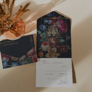 Dunkle Vintage Blüte   Hochzeit All In One Einladung