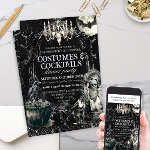 Dunkle Vintage Kostüme und Cocktails Halloween Einladung