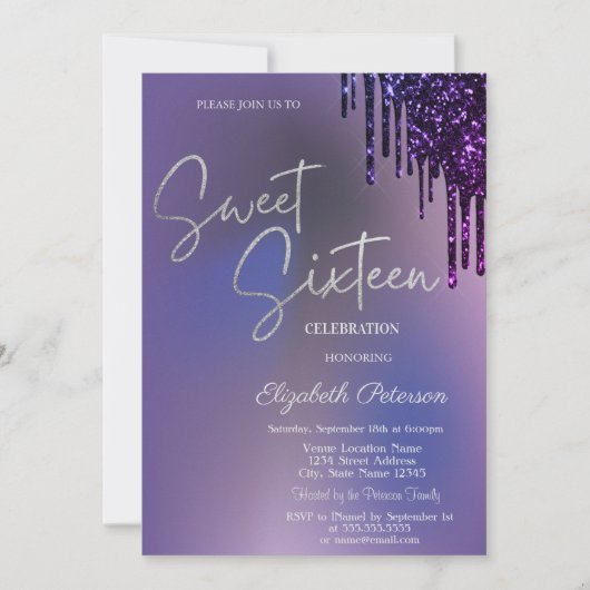 Dunkle violette Glittertropfen Violette Sweet 16  Einladung (Vorderseite)
