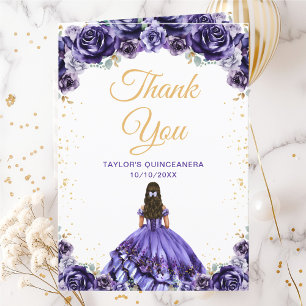 Dunkle violette Prinzessin Floral Quinceañera Dankeskarte