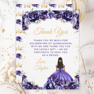 Dunkle violette Prinzessin Floral Quinceañera Dankeskarte