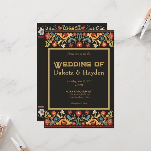 Dunkle Volkskunst Hochzeitseinladung, Goldschrift Einladung (Vorderseite/Rückseite Beispiel)