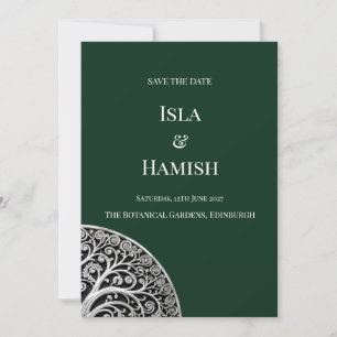 Dunkle Waldgrüne keltische Baum-Hochzeitseinladung Save The Date