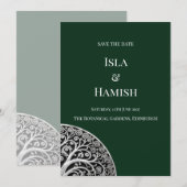 Dunkle Waldgrüne keltische Baum-Hochzeitseinladung Save The Date (Vorne/Hinten)