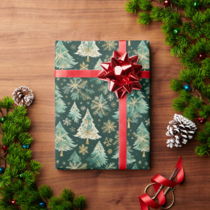 Dunkle Weihnachtsbäume & Schneeflocken Geschenkpap Geschenkpapier