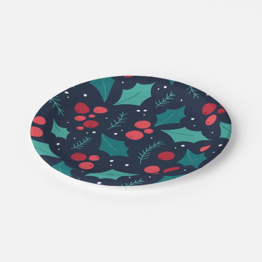 Dunkle Weihnachtsmistletoe und Leaf-Muster Pappteller (Schrägansicht)