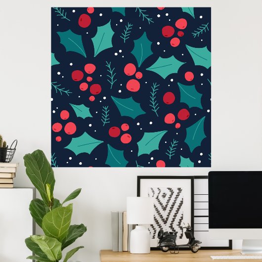 Dunkle Weihnachtsmistletoe und Leaf-Muster Poster (Heimbüro)
