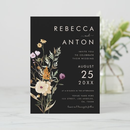 Dunkle Wildblume 3 Foto Collage QR Code Hochzeit Einladung (Stehend Vorderseite)