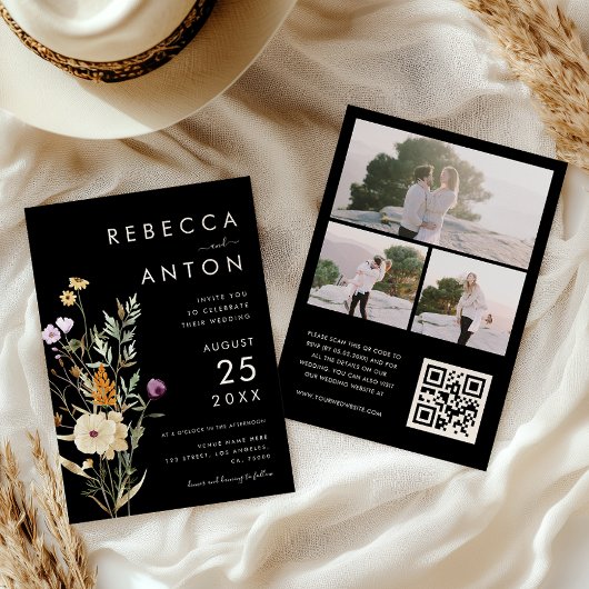 Dunkle Wildblume 3 Foto Collage QR Code Hochzeit Einladung