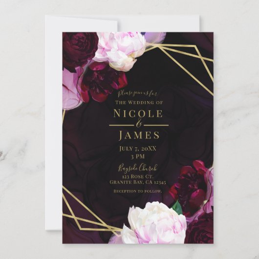 Dunkle Wine Moody Floral Moderne Gold Glam Hochzei Einladung (Vorderseite)