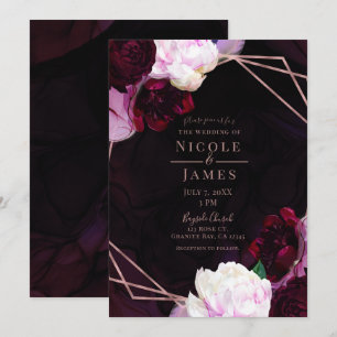 Dunkle Wine Moody Floral Moderne Rose Gold Hochzei Einladung