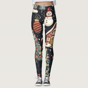 Dunkle Winterhäuschen Roter Schneemann Süßigkeiten Leggings