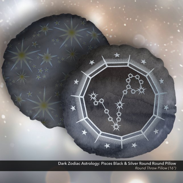 Dunkle Zodiac-Astrologie: Fische schwarz & silber Rundes Kissen (Dark Zodiac Astrology: Pisces Black & Silver Round Pillow)