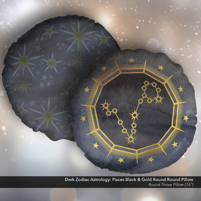 Dunkle Zodiac-Astrologie: Fische schwarz und Gold Rundes Kissen (Dark Zodiac Astrology: Pisces Black & Gold Round Pillow)