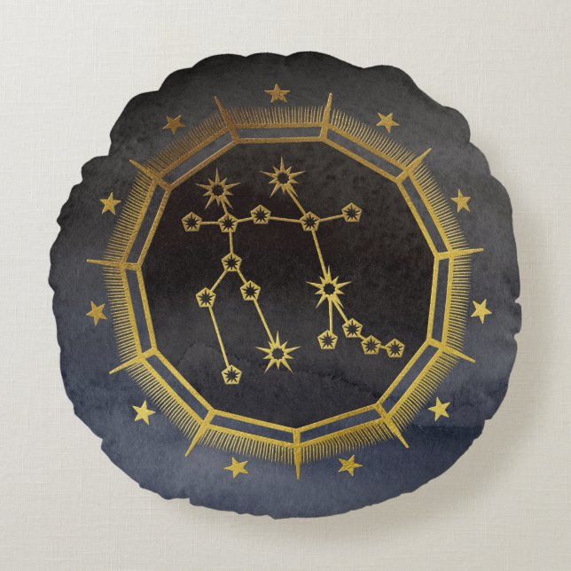 Dunkle Zodiac-Astrologie: Gemini Black & Gold Rundes Kissen (Vorderseite)