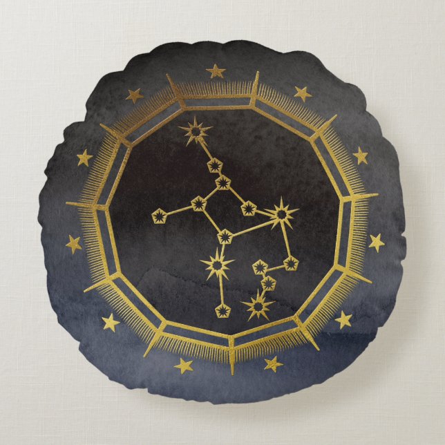 Dunkle Zodiac-Astrologie: Virgo Black & Gold Rundes Kissen (Vorderseite)