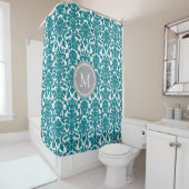 Dunkler Aquamariner Damask Monogramm-Duschvorhang Duschvorhang (Beispiel)