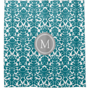 Dunkler Aquamariner Damask Monogramm-Duschvorhang Duschvorhang