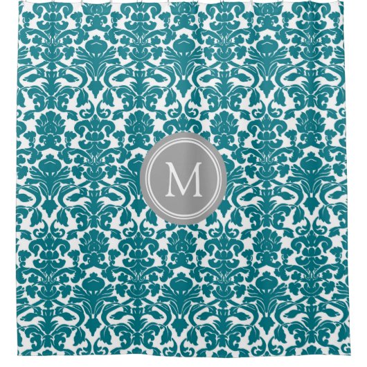 Dunkler Aquamariner Damask Monogramm-Duschvorhang Duschvorhang (Vorderseite)